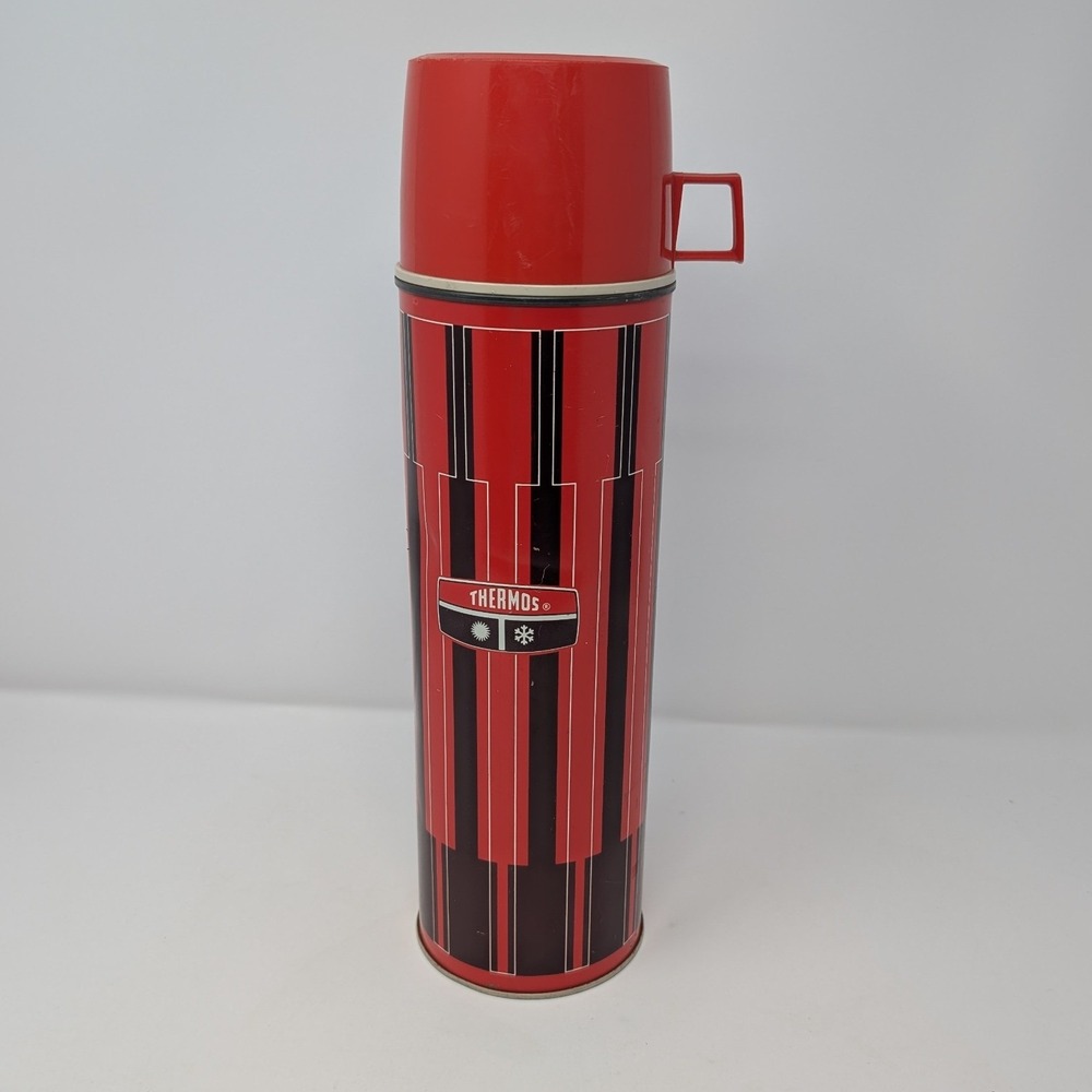 Vintage 1971 Thermos Model 2410 Red Brown Striped 1 Quart Vacuum Bottle MCM